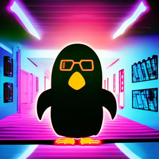 Prompt: penguin hacker in hoodie, portrait, vaporwave, synthwave, neon, vector graphics, cinematic, volumetric lighting, f 8 aperture, cinematic eastman 5 3 8 4 film, photorealistic