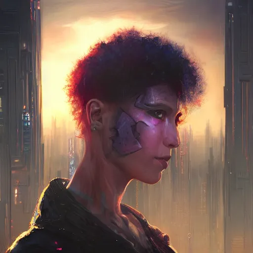 Image similar to molly from neuromancer, extremely detailed portrait of a young beautiful cyberpunk woman, eye implants, sunset, cyberpunk city background, megacity, gorgeous view, depth, painted by seb mckinnon, high detail, digital art, painted by greg rutkowski, trending on artstation