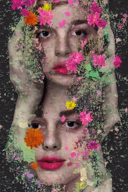 Image similar to glitch abstraction made from collage of female medieval faces mixed with flowers