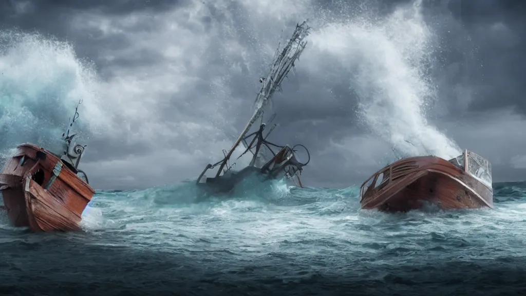 Image similar to a small fishing boat is attacked by a huge tentacled monster, crashing waves, trending on artstation, rendered in octane, global illumination