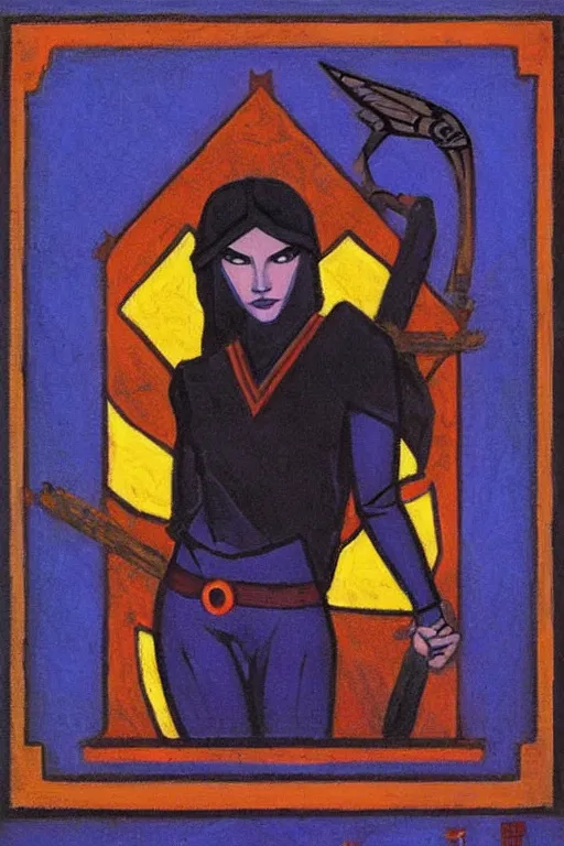 Image similar to black widow, marvel, artwork by nicholas roerich,