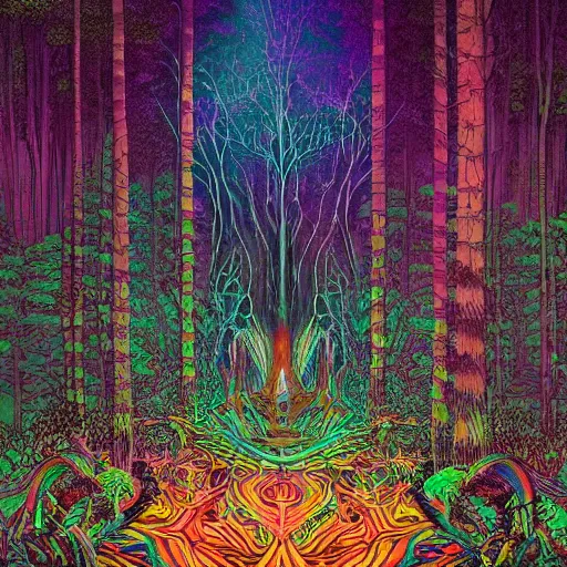 Prompt: psychedelic trippy iridescent volumetric lighting enchantingly beautiful forest with necromancer hyperrealism by victo ngai yoji shinkawa apophasis moebius 8 0 s cartoon horror art black magick voodoo shamanic satanic