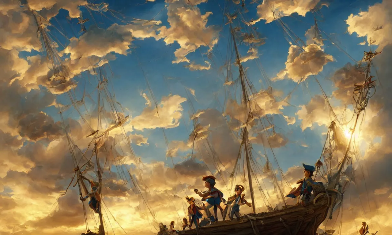 Image similar to a beautiful digital painting of peter pan and the lost boys, disney, a white caravel flying in the clouds, birds in the sunlight, numerous golden ropes and sails, blue sky at sunset, elegant, highly detailed, artstation, concept art, matte, sharp focus, art by tom bagshaw, kelogsloops and greg rutkowski