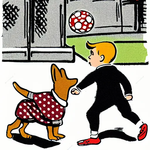 Prompt: illustration of french boy on the streets of paris playing football against a corgi, the dog is wearing a polka dot scarf, comic, 1 9 6 2