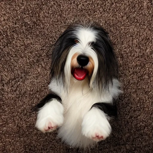 Image similar to TY beanie baby (bearded collie dog), comedy, action shot, arf, UE5, cute, adorable, fluffy, 70mm/f2.8, imax