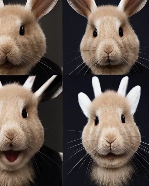 Image similar to headshots of vladimir putin sitting in a makeup chair wearing highly detailed rabbit prosthetic makeup in the style of rick baker, vladimir has long rabbit ears, rabbit fur, rabbit snout, studio lighting, soft focus