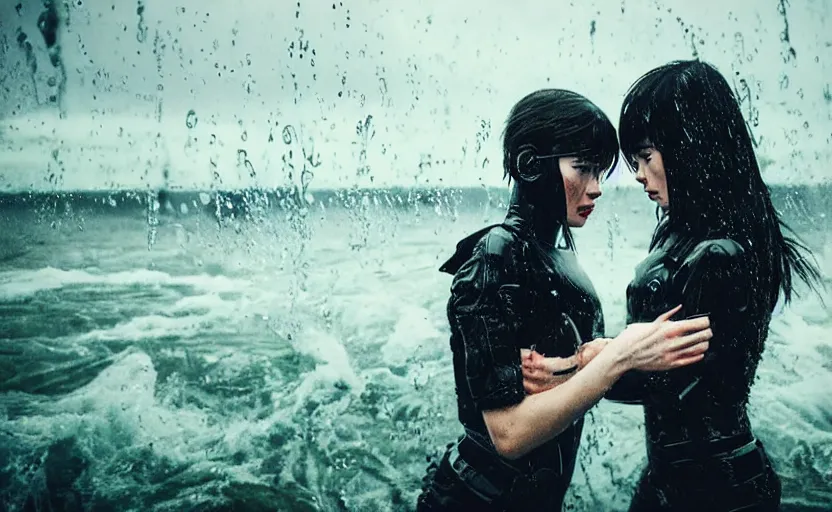 Image similar to cinestill 5 0 d candid action photographic portrait by quentin tarantino of two loving female androids wearing rugged black mesh techwear in treacherous waters, extreme closeup, modern cyberpunk retrofuturism moody emotional cinematic, pouring iridescent rain, 8 k, hd, high resolution, 3 5 mm, f / 3 2, motion blur, ultra realistic faces, ex machina