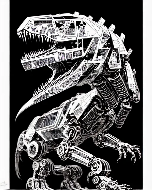 Image similar to a cyberpunk intricate mechanical robot t - rex dinosaur, transformer, high details, symmetry, bold line art, by vincent di fate and joe fenton, inking, etching, screen print, masterpiece, character concept art, trending on artstation, sharp, high contrast, hyper detailed,, hd, 4 k, 8 k