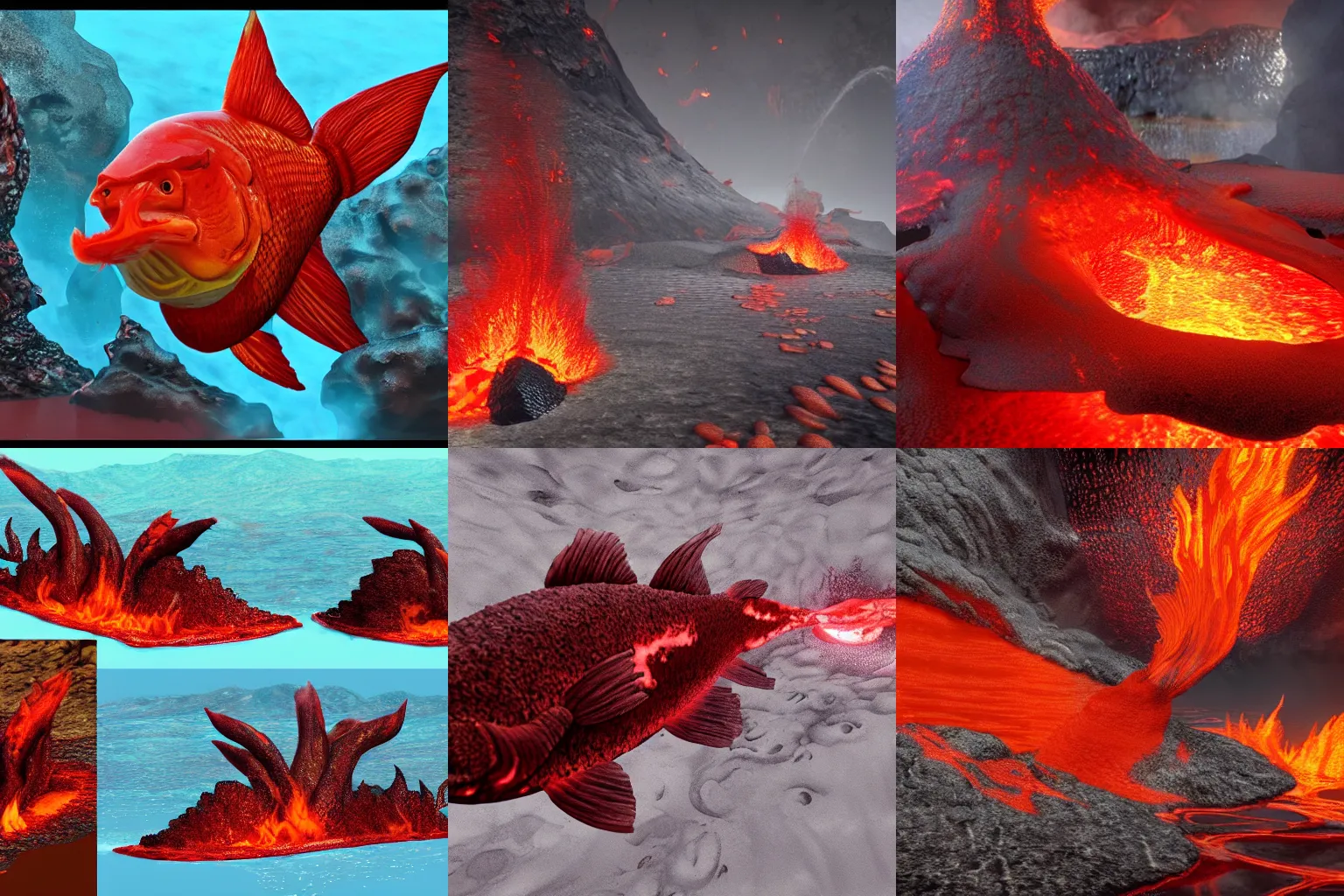 Prompt: fish made of fire swimming in a volcano lava lake. red lava. flowing lava. catfish and trout. 4 k video game concept art. unreal engine.