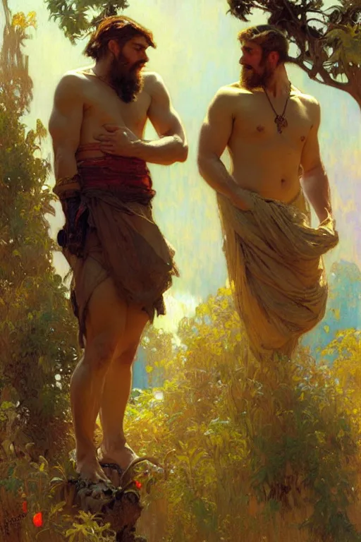 Image similar to 2 attractive male, painting by gaston bussiere, craig mullins, greg rutkowski, alphonse mucha