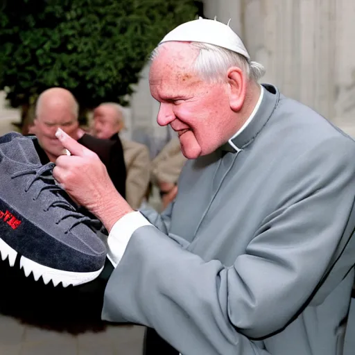 Image similar to john paul ii admiring a yeezy shoe sneaker which he holds in his hands