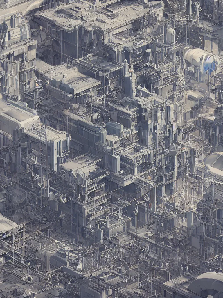 Image similar to a factory filled with lots of machines and machinery on an international space station, a detailed matte painting by beeple, trending on cgsociety, deconstructivism, greeble, matte painting, hard surface modeling, atelier olschinsky