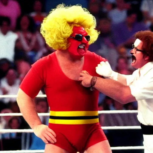 Prompt: Ronald McDonald elbow drops Colonel Sanders in WWE, 1990