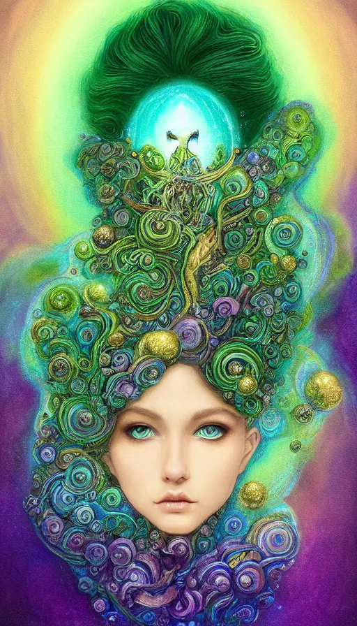 Image similar to portrait of spiritual earth elemental ,intricated, fantasy, gradient green black, dreamy and ethereal, (colour) eyes, one head, golden ratio, peaceful expression, ornate frilly dress, fantasy, intricate, elegant, rainbow bubbles, highly detailed, digital painting, artstation, concept art, smooth,b sharp focus, illustration, art by artgerm and greg rutkowski and alphonse mucha