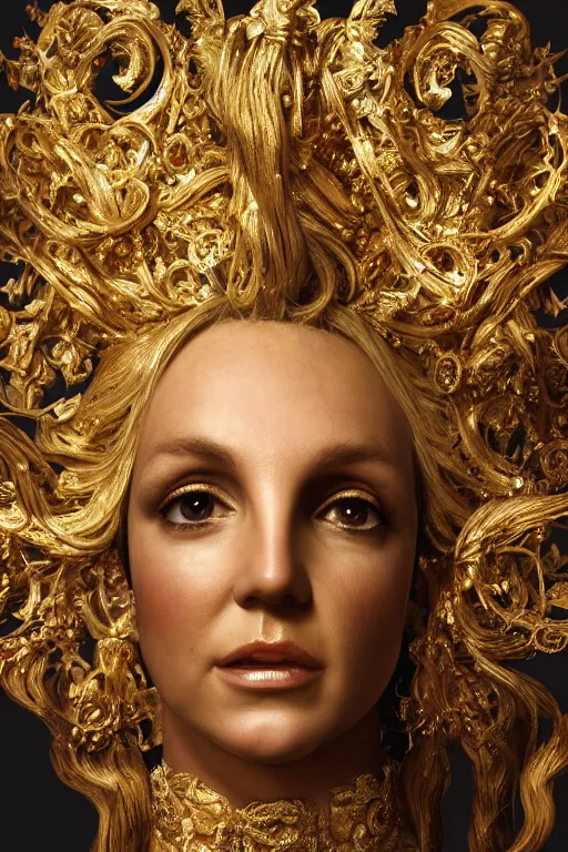 Prompt: britney spears, gold ornaments around face, gold beam behind, beautiful face, surrealism, sculpture, baroque element. intricate artwork by caravaggio, trending on artstation, baroque elements, octane render, cinematic lighting, hyper realism,