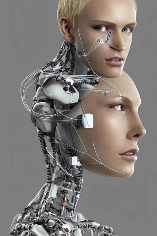Image similar to robot with human face, female head, full body angle, woman human face, human face realistic, beautiful blonde hair, human head, human head with blonde hair, blonde hair human head, blonde hair, human realistic face, human head skin, cyborg frame concept, cyborg by ales-kotnik, sci-fi android female, the body is made of wires, robotic body, cyborg body, cyborg bust body, robot body cyborg, full body
