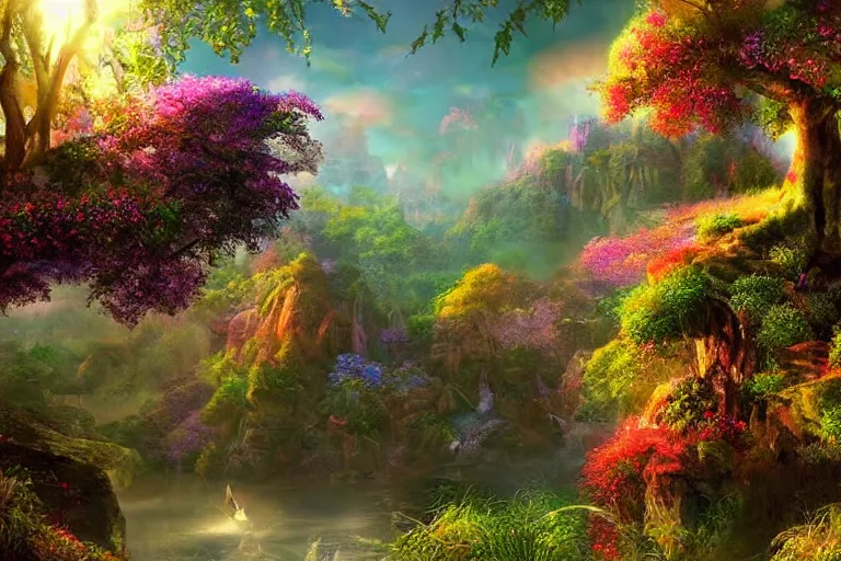 Image similar to Landscape of a beautiful enchanted fantasy world. Colorful. Cinematic lighting. Photorealism.