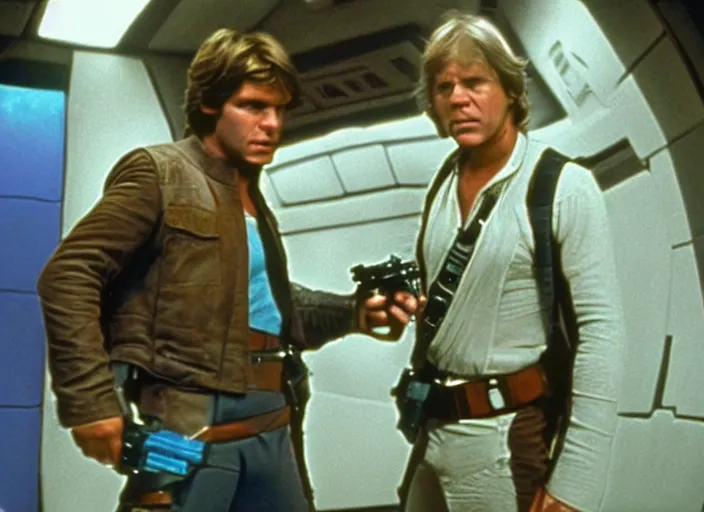 Image similar to screenshot from the lost star wars film, the lost jedi, scene of Han Solo on the millenium falcon, he's talking to a small blue hologram of Luke Skywalker, iconic scene from the 1980s sci fi thriller directed by Stanely Kubrick film, color kodak stock, anamorphic lenses, detailed faces, moody cinematography