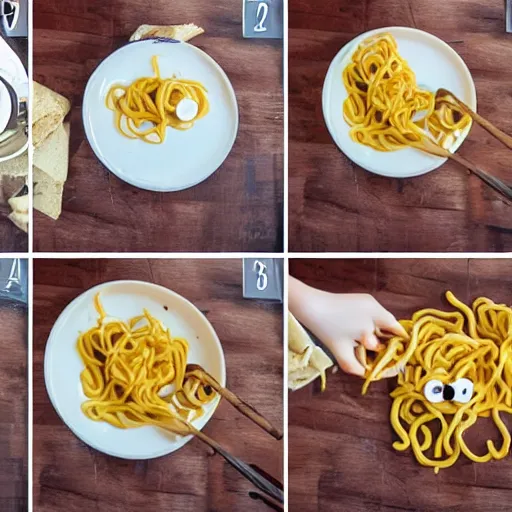 Image similar to making of an edible giraffe from noodles and soy sauce step by step, each step is a progression from the last, dslr