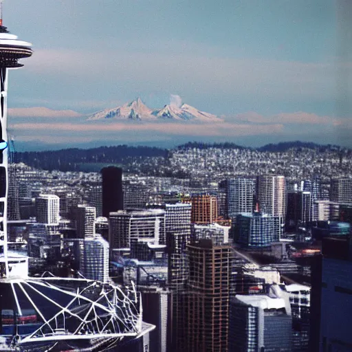 Image similar to giant lobster Kaiju attacking the space needle in Seattle, film still, 1992, detailed, 4k