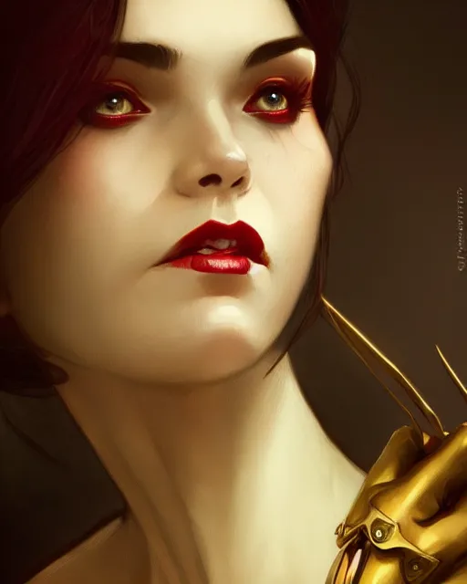 Image similar to female vampire, perfect face, gold waistcoat, red necktie, cinematic, stunning, highly detailed, digital painting, artstation, smooth, hard focus, illustration, art by artgerm and greg rutkowski and alphonse mucha