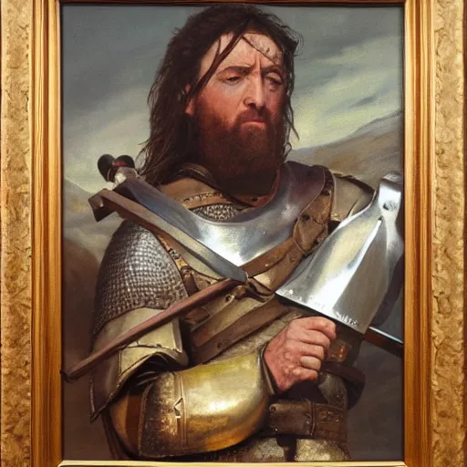 Image similar to Detailed hyper-realistic oil painting of William Wallace holding a Scottish claymore sword with one foot on a rock, 4K