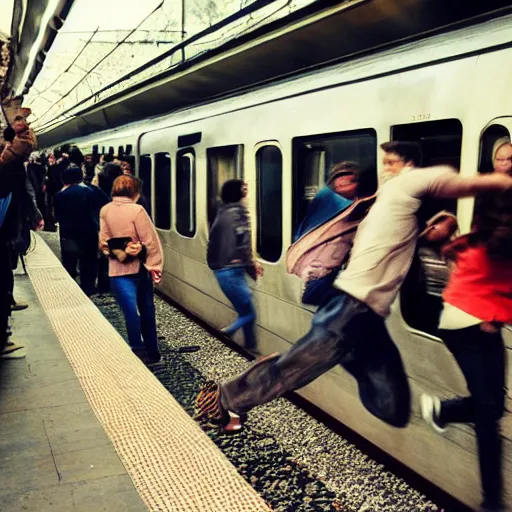 Prompt: People jumping out of the way of that movie where the train is coming right at you