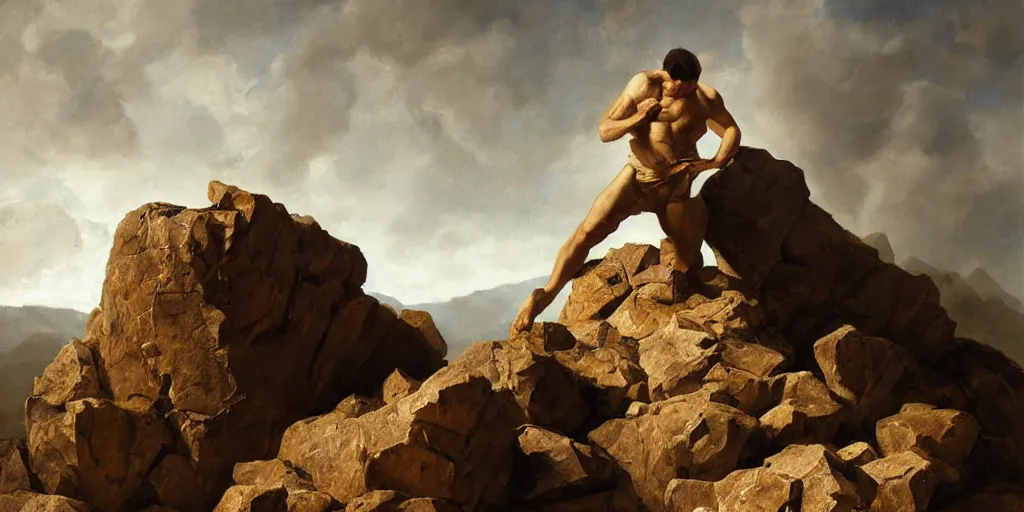 Image similar to highly detailed painting of a men made of rocks, big rocks, sharp focus, dramatic scene, aesthetic, dynamic lighting, elegant, harmony, masterpiece, by roberto ferri, high quality