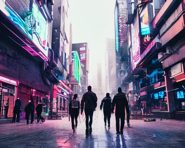 Image similar to front view of people walking down a cyberpunk street