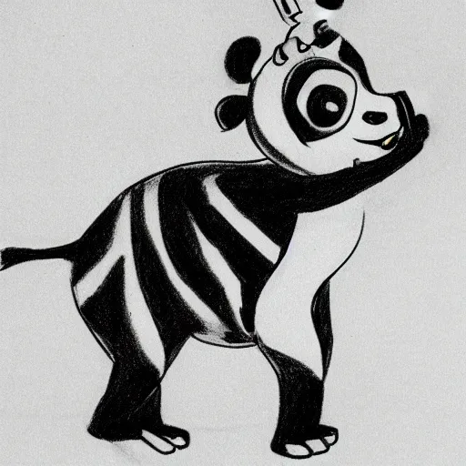 Image similar to drawing from 1 9 2 0's disney animation, white paper, black & white, panda giraffe