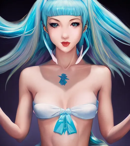 Prompt: Feminine Beautiful Hatsune miku by artgerm, magali villeneuve, Gil Elvgren, Earl Moran, Enoch Bolles, symmetrical shoulders