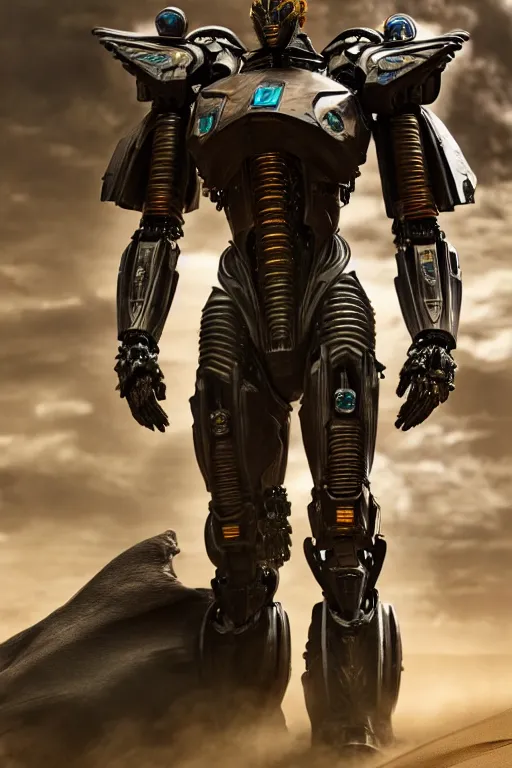 Image similar to cinematic still in dune movie and pacific rim movie and ps 5 game machine warrior 5, intricate ornate humanoid mecha warrior,