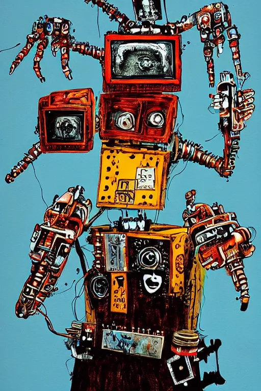 Prompt: a crazy ralph steadman painting of a robot reprogramming its head