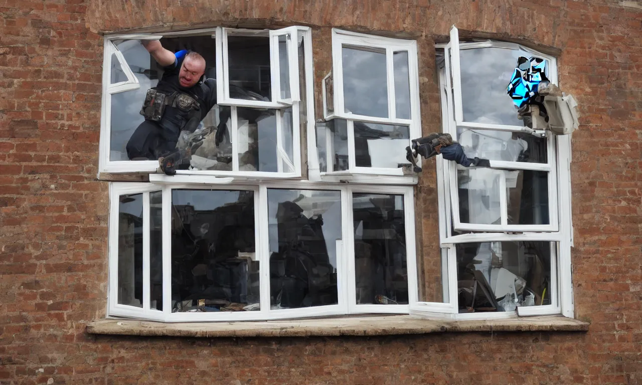 Image similar to photo of overweight mandalorian dismantling sash window in England