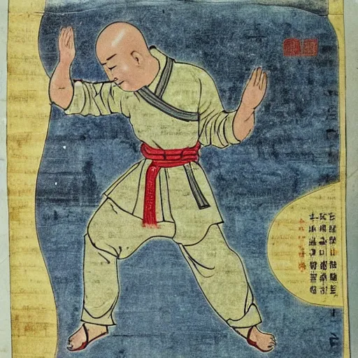 Image similar to yi jin jing posture in huang di nei jing chinese medical kung fu diagram, old manuscript, ancient information, many kung fu illustrations