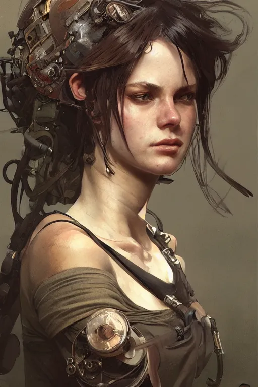 Prompt: A full portrait of a beautiful post apocalyptic mechanic, intricate, elegant, highly detailed, digital painting, artstation, concept art, smooth, sharp focus, illustration, art by Krenz Cushart and Artem Demura and alphonse mucha