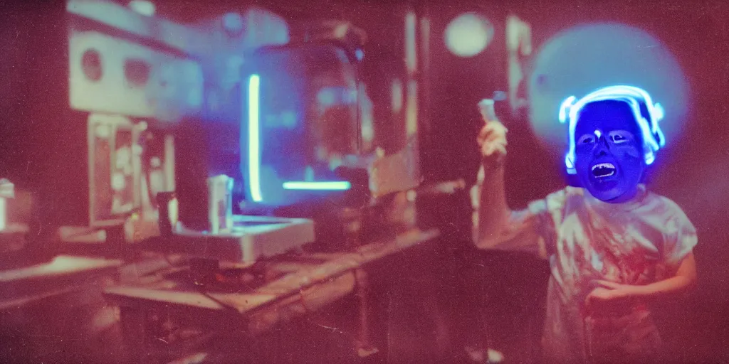 Prompt: a screaming mechanical monster child with a TV monitor head, inside of a 1970s science lab, neon lights, dirty, ektachrome photograph, volumetric lighting, f8 aperture, cinematic Eastman 5384 film