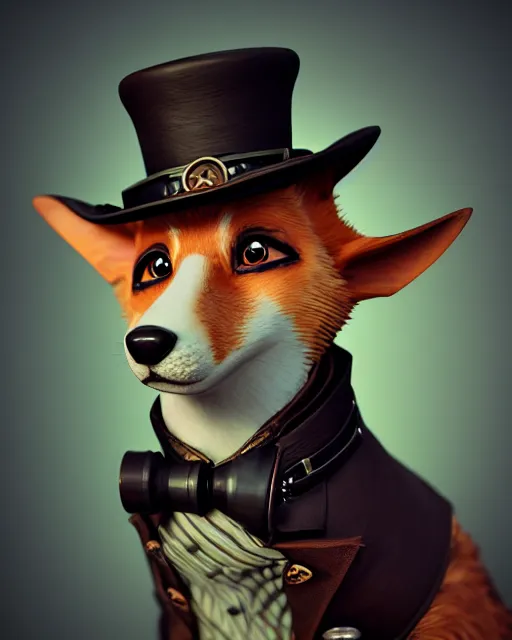 Image similar to steampunk corgi portrait, handsome, steampunk hat, detective coat, steampunk monocle, complex 3 d render by ilya kuvshinov, peter mohrbacher, greg rutkowski, ryohei hase, dramatic lighting, intricate, highly detailed, sharp focus, luminous, unreal engine, blender, artstation, masterpiece, ray tracing