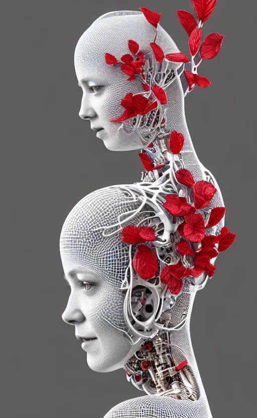 Image similar to complex 3d render ultra detailed of a beautiful porcelain profile woman face, mechanical cyborg, 150 mm, beautiful 3 point lighting, rim light, silver gold red details, luxurious magnolia with leaves and stems, roots, Alexander Mcqueen haute couture, fine foliage lace, mesh wire, filigran intricate details, hyperrealistic, mandelbrot fractal, anatomical, robotic parts, facial muscles, cable electric wires, microchip, elegant, octane render, 8k post-processing