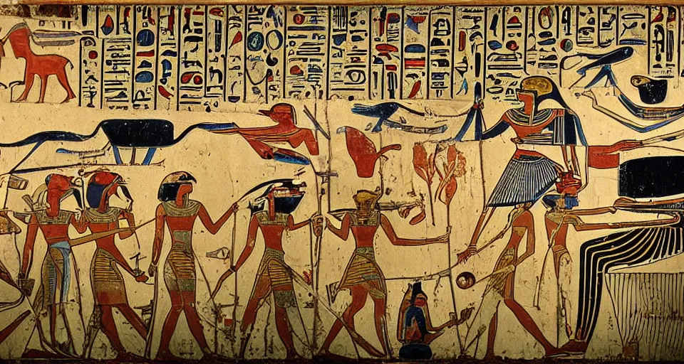 Prompt: ancient Egyptian mural depicting an epic battle of Dinosaurs against Aliens and UFOs