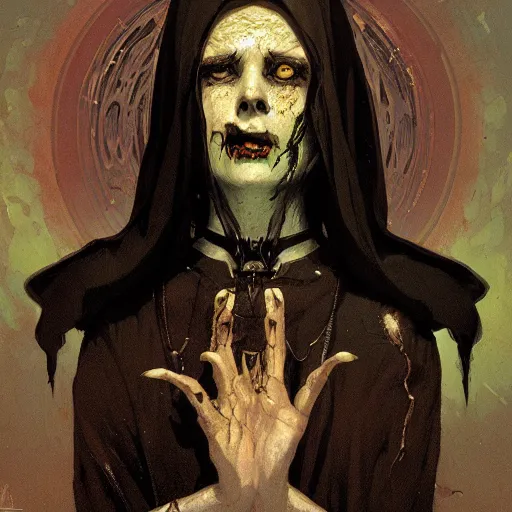 Prompt: A portrait of A zombie nun glowing black by greg rutkowski and alphonse mucha,In style of digital art illustration.Dark Fantasy.darksouls.hyper detailed,smooth, sharp focus,trending on artstation,4k