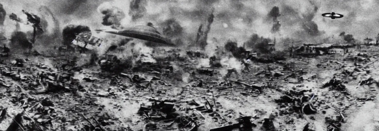 Image similar to Invasion of an alien life form in Germany, black and white photography, World War II, destruction, ufo, flying saucers, laser weapons, outerspace, technology