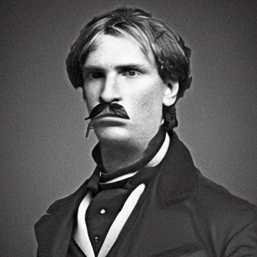 Image similar to A photograph portrait of Jerma985 with a pyramidal mustache in the early 1800s, taken in the early 1800s, 1840s, grainy, taken on a Field View Camera, realistic, hyperrealistic, very realistic, highly detailed, very detailed, extremely detailed, detailed, digital art, trending on artstation