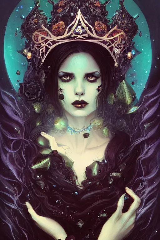 Image similar to jeweled Crown, other worldly, dark fae court, black roses, long black hair, black eyes, vivid colors, art nouveau, by Anato Finnstark, Tom Bagshaw, Brom