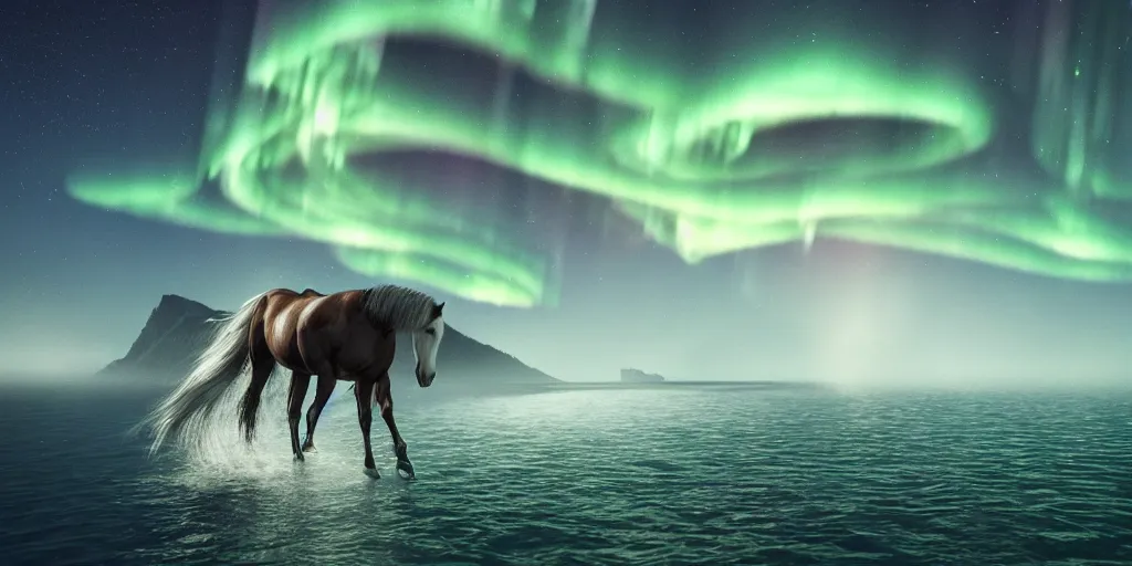 Image similar to beautiful horse made of water, northern lights, night ocean, fjords, moonlit, waves, octane render, artstation, HDR