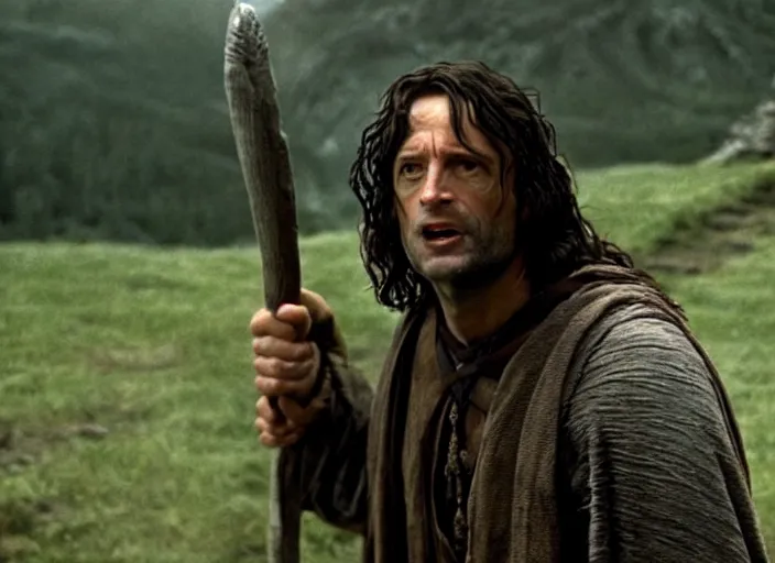 Image similar to film still of bernie sanders as aragorn in lord of the rings movie, 8 k