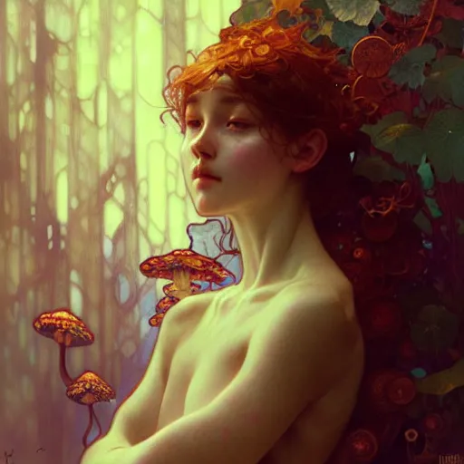 Prompt: A girl surrounded by magic mushrooms, face, detailed, intricate, elegant, highly detailed, digital painting, artstation, concept art, smooth, sharp focus, illustration, art by Krenz Cushart and Artem Demura and alphonse mucha