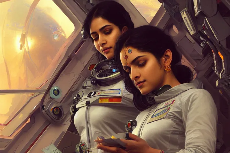 Image similar to Sensual beautiful female pale young Indian doctors wearing Deus Ex Human Revolution clothing in a space station above Earth, portrait, elegant, intricate, digital painting, artstation, concept art, smooth, sharp focus, illustration, art by artgerm and greg rutkowski and alphonse mucha