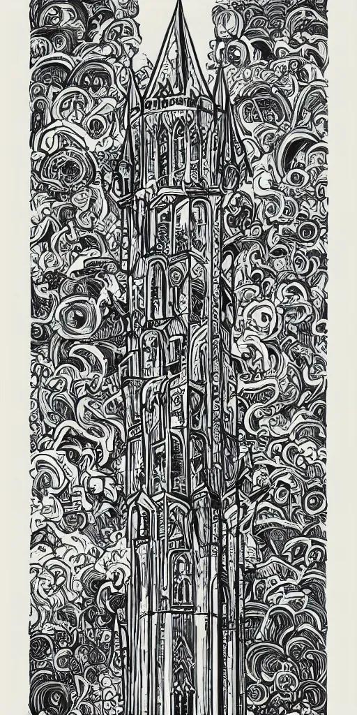 Prompt: mcbess illustration of a gothic tower, rainbow gouache