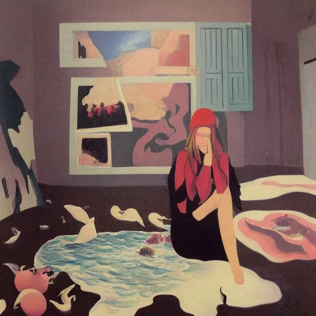 Image similar to female emo art student in her apartment, painting of flood waters inside an artist's feminine bedroom, a river flooding indoors, pomegranates, pigs, ikebana, water, octopus, river, rapids, waterfall, black swans, canoe, berries, zen, acrylic on canvas, surrealist, by magritte and monet